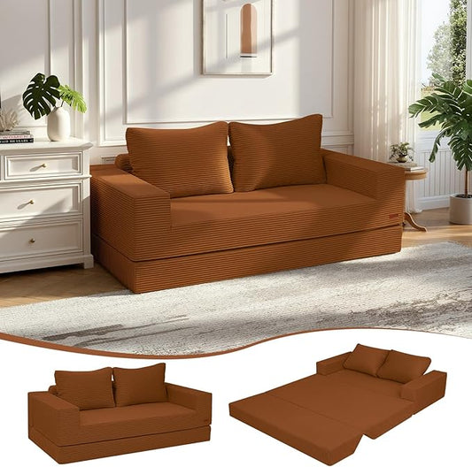 COMAX Convertible Sofa Bed Queen Corduroy Folding Floor Couch Pull Out Couch Bed Futon Sleeper with Pillows Fold Out Boneless Sofa Comfy Lounge Mattress Loveseat for Living Room Bedroom Orange