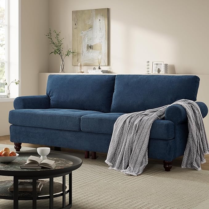 81” Rolled Arm Sofa Couch with Storage Mid Century Modern Decor Loveseat Couches for Living Room Button Tufted Upholstered Small Couch for Bedroom Apartment (Blue)