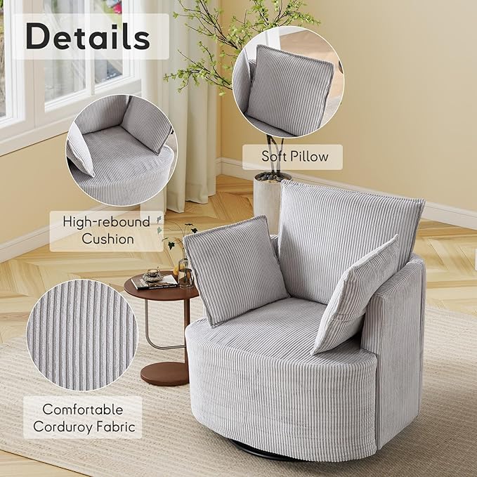 Bonzy Home 360° Swivel Accent Chair Comfy Corduroy Swivel Barrel Chair with 2 Soft Pillows Single Sofa for Living Room Bedroom Light Grey