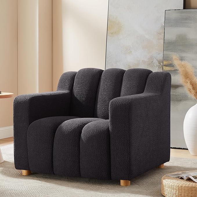 Modern Oversized Living Room Chairs 40 Wide Boucle Accent Chairs with Deep Seat and Wooden Legs Comfy Reading Arm Chair for Bedroom Apartment Dark Grey
