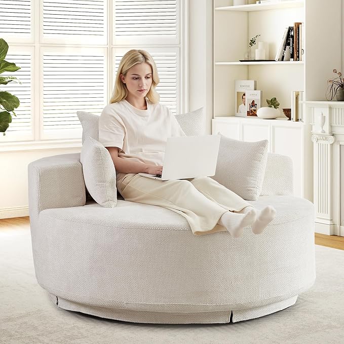 55 W Oversized Round Swivel Accent Barrel Chair360 Degree Chenille Upholstered Comfy Chaise Lounge Chair IndoorModern Deep Seat Single Sofa Armchair for Living RoomApartmentOffice(GridBeige)