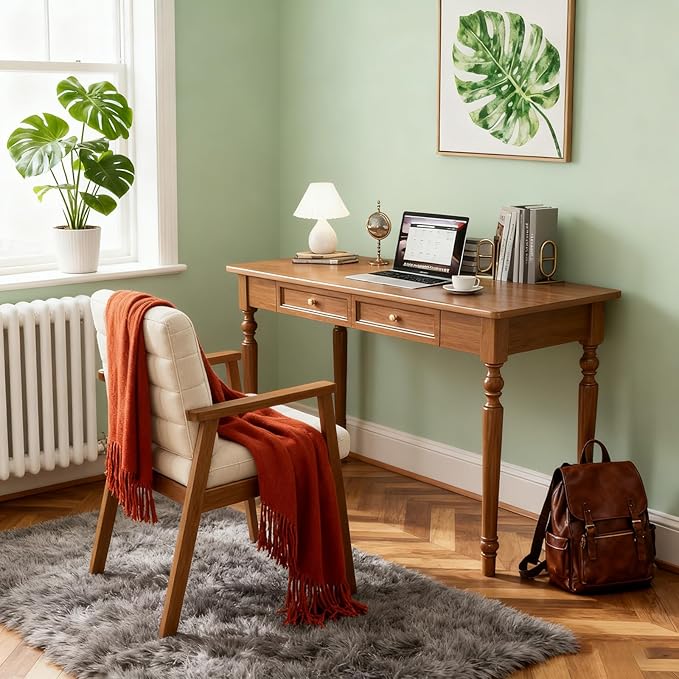French Country Style Walnut Writing Desks with Drawers 47 Solid Wood Farmhouse Computer Table for Home Office Living Room Study or Workspace (Walnut)