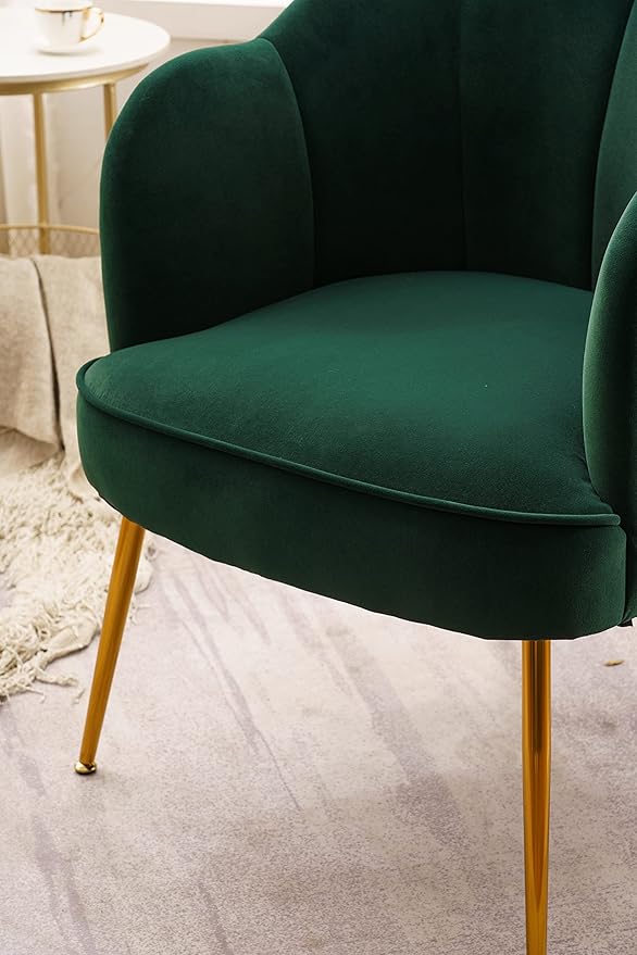 Shell Shape Velvet Fabric Armchair Accent Chair with Gold Legs for Living Room BedroomDark Green