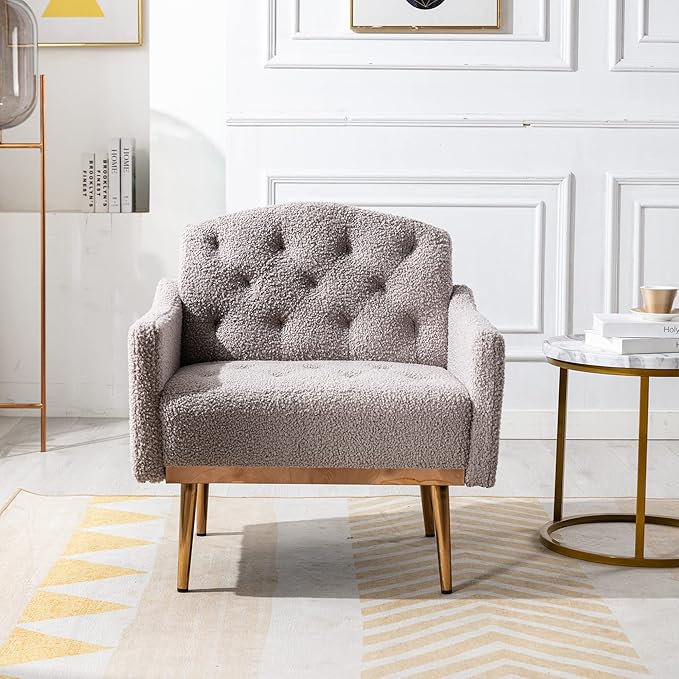 Modern Teddy Fabric Accent ChairUpholstered Button-Tufted Single SofaComfy Armchair Chair with Rose Golden Legsfor Living Room Bedroom Home Office (Grey)