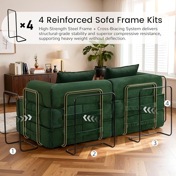 6-in-1 Convertible Sleeper Sofa Bed Corduroy Folding Mattress Couch with Fixed-Shape Frame Modular Foldable Boneless Couch Loveseat Couches with 2 Pillows for Living Room Bedroom Green