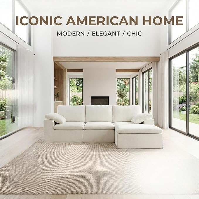 108'' Boneless Sectional Couch Cloud Sofa with Ottoman Modular Memory Foam Couches for Living Room Large L Shaped Modern Beige 3 Seater Floor Sofa Set No Assembly Comfy Deep Seats | Adjustable Bac