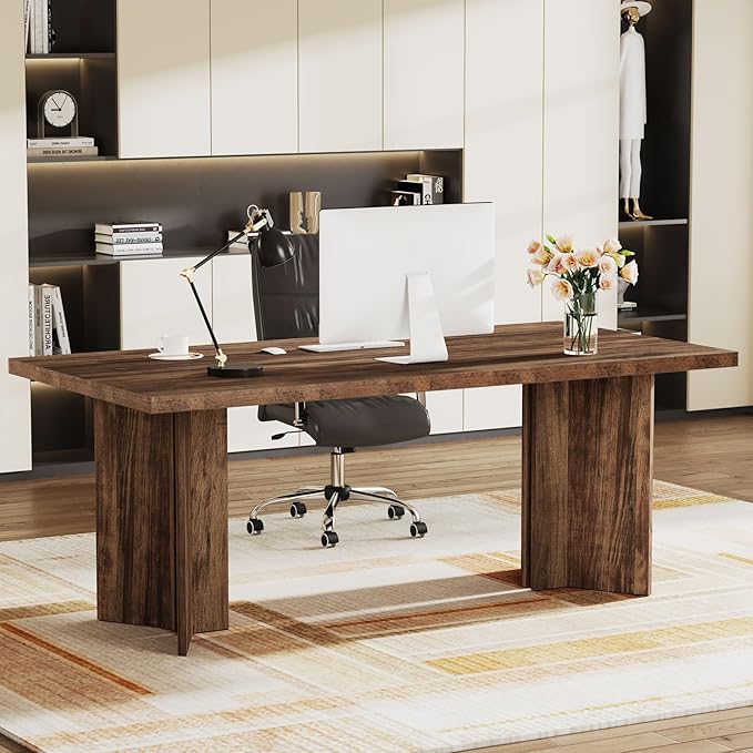 Tribesigns 63-inch Executive Desk Vintage Office Computer Desk with Large Tabletop Farmhouse Wood Writing Conference Table Workstation for Home Office Study Dark Brown