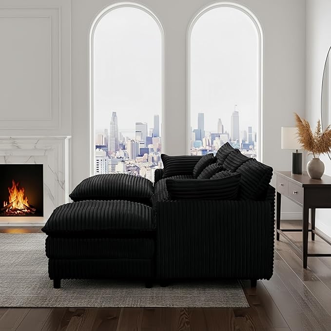 108'' Modular Sectional Sofa U-Shaped Sectional Couch with Deep SeatComfy Fluffy Soft Corduroy 5-Seat Couches Modern Convertible Cloud Sofa with Ottoman for Living Room Small Apartments(Black)