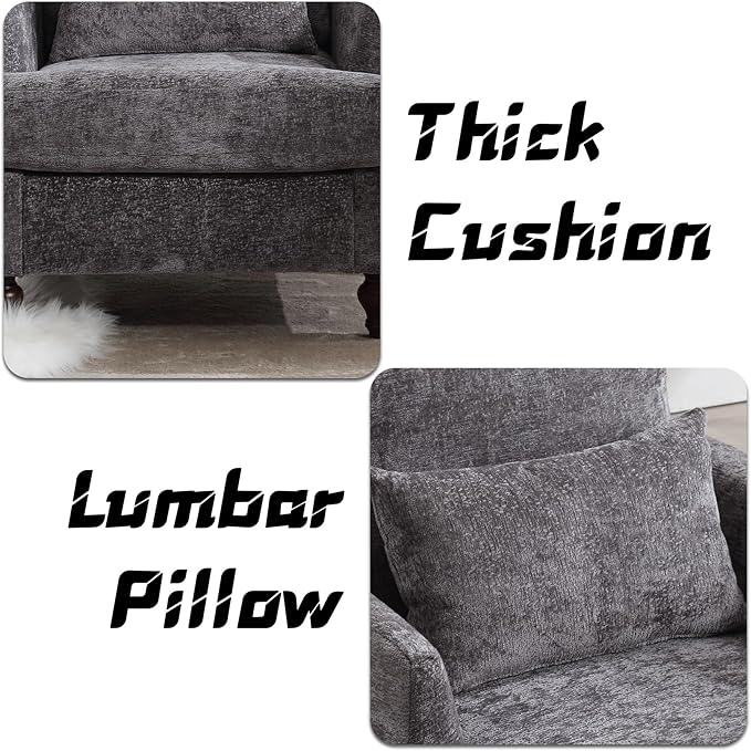 Oversized Accent Chair with Lumbar Pillow Upholstered Side Chairs for Living Room Bedroom Comfy Reading Chairs for Adults with Wide Seat Thick Cushion Soft Chenille (Grey)