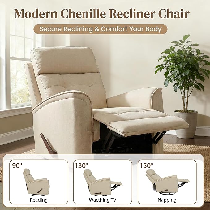 360° Swivel Manual Recliner Nursery Recliner Chair with Lumbar SupportRocker Recliner Chair for Adults Small Recliner for Living Room Bedroom Nursery Chenille Beige