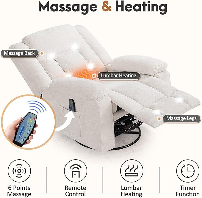 Rocker Recliner Chair for Adults 360° Swivel Rocker Recliner with Massage and Heating Nursery Rocking Chairs with Side Pockets Manual Reclining Chair for Living Room Bedroom or Nursery