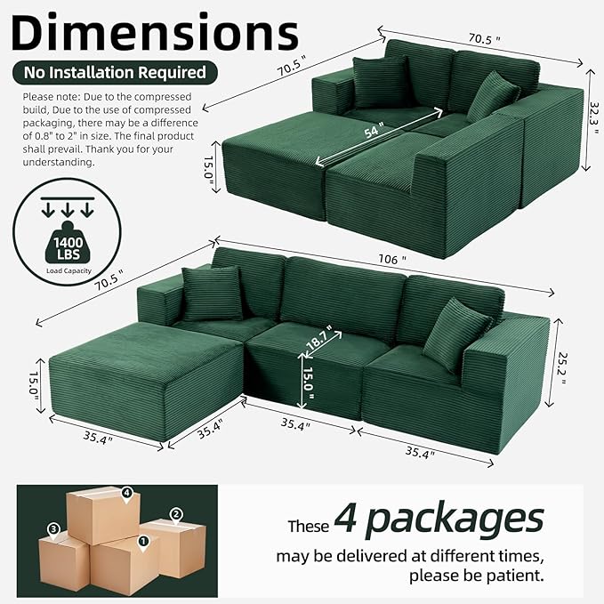 106 Cloud Sectional Couch with Ottoman L Shaped Boneless Couch with Deep Seat 3 Seater Corduroy Modular Sectional Sofa for Living Room No Assembly Required Green