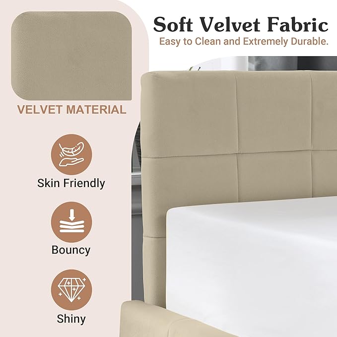Full Corner Bed Frame with Storage Drawers Modern Velvet Upholstered Sofa Day Bed Frame with Wood Slats for Living Room Bedroom Guest Room No Box Spring Needed Beige