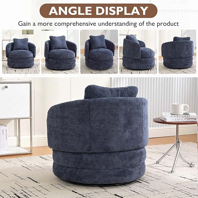 Beige Swivel Accent Chairs for Living Room Round Swivel Barrel Chair with Comfy Pillow &amp Curved Backrest Small Upholstered Armchair for Small Spaces Bedroom Office (Blue)
