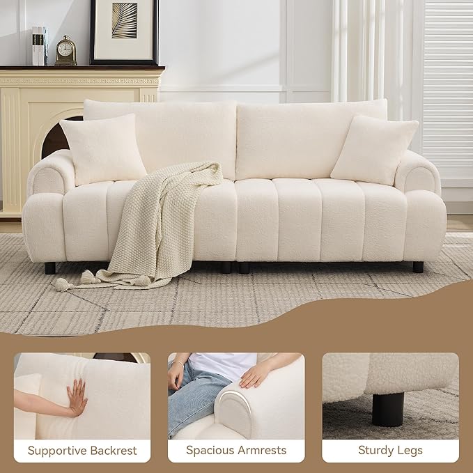 88 Modern Boucle Sofa Couch Oversized Comfy 3 Seater Sherpa Curved Sofas Deep Seat Upholstered Loveseat Teddy Round Arm Couches for Living Room Bedroom Beige