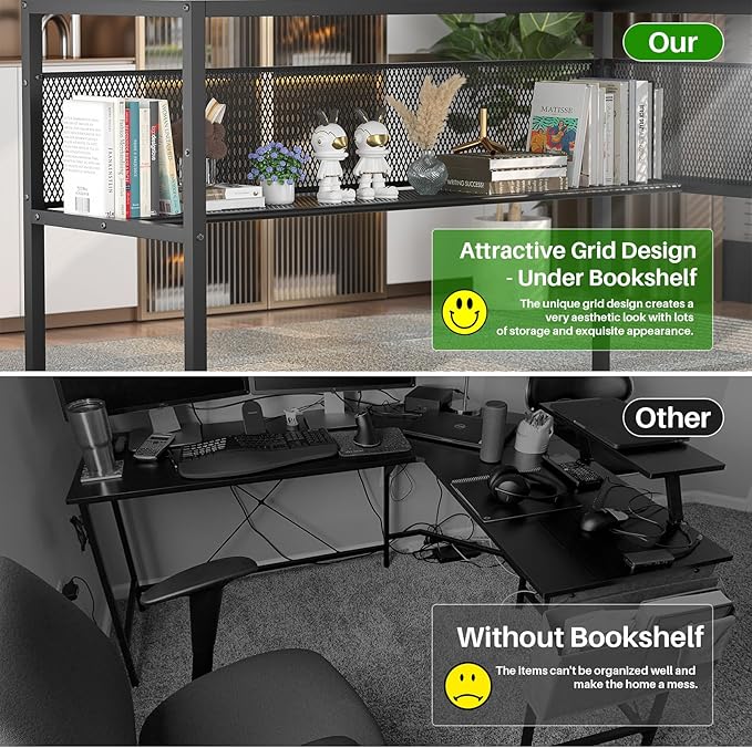 Unikito L Shaped Desk with LED Light and Power Outlet Reversible Corner Computer Table with Monitor Stand and Storage Shelf Modern L- Shaped Gaming Desk Ergonomic Home Office Desk Rustic Brown