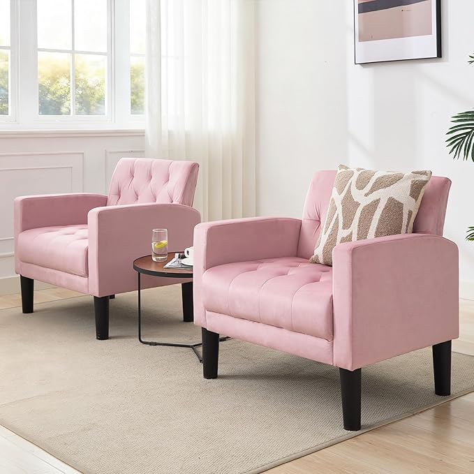 TYBOATLE Mid-Century Fabric Tufted Accent Living Room Armchairs Comfy Modern Upholstered Bedroom Office Armchair Single Sofa Reading Lounging Side Lounge Chair Living Room Furniture (Pink)