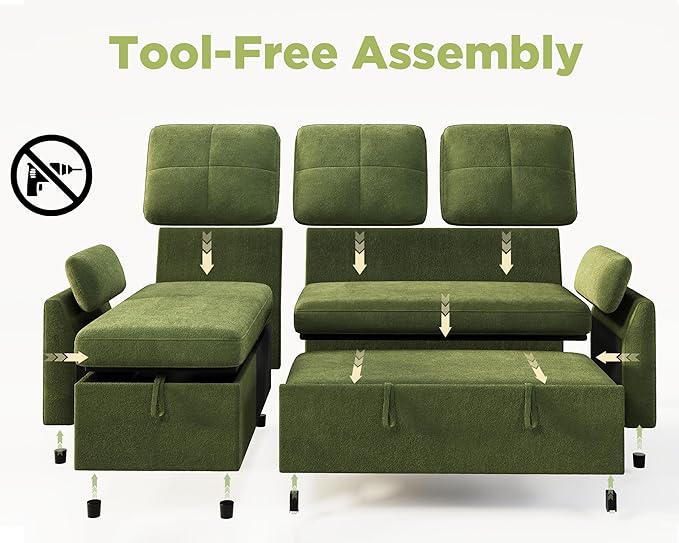 VanAcc Sleeper Sofa Sofa Bed with Storage Chaise Convertible Sofa Bed with Pull Out Couch l Shaped Couch for Living Room Linen Green