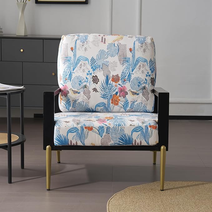 Velvet Accent Armchair with Gold Metal Legs &amp Rubberwood Frame Wide Armrest Lounge Chair with Pillow Back Sofa Chair with Retro Low Back Floral Print Design for Living Room &amp Balcony Blue F