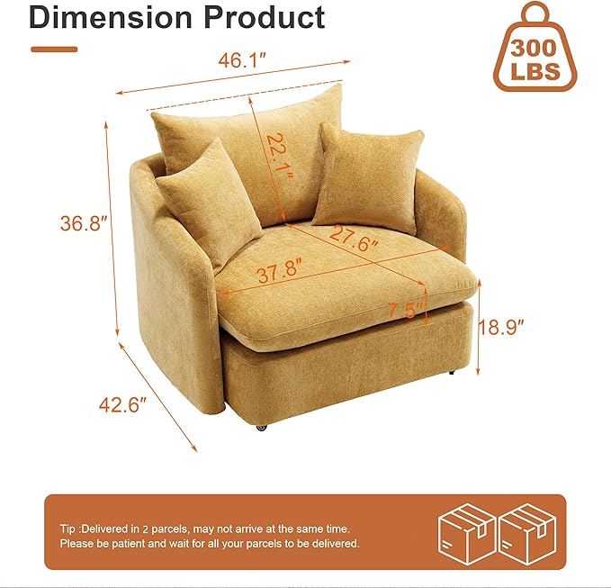 360 Degree Swivel Accent Chair Oversized 37.8 inch Extra Wide Barrel Swivel Chairs with Deep Seat for Living Room Club Reading Bedrooms Yellow