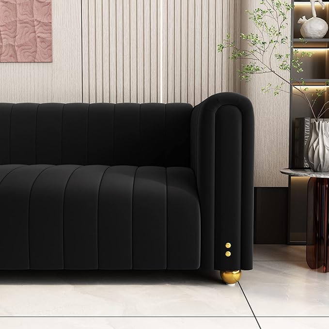 81 W Tufted Velvet CouchModern Velvet Sofa with Round Handrails and Metal Legs for Living Room Office Apartment (1 Black)