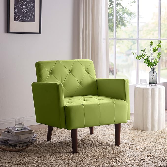 Faux Leather Accent Chair Modern Retro Arm Chair for Living Room and Bedroom Tufted Upholstered Sofa Club Chair Comfy Armchair for Small Spaces Bedroom Office (Olive)