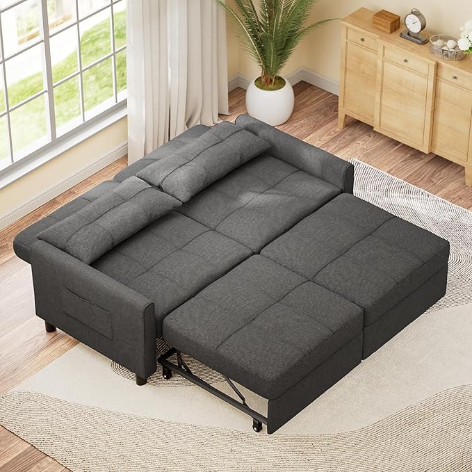 Aiho 58 Sleeper Sofa Bed Pull-Out Couch with Adjustable Backrest and Side Pocket for Living Room (Dark Gray)