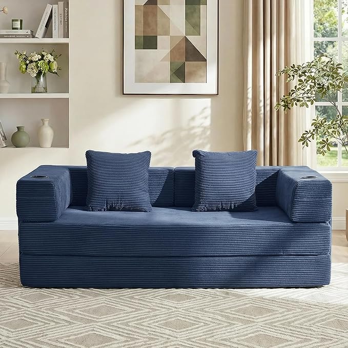 WELAX 72.8 Convertible Sleeper Sofa Bed Boneless Cloud Queen Futon Couches with Cupholders &amp Storage Pockets Corduroy Folding Floor Couch for Bedroom Apartment No Assembly Dark Blue