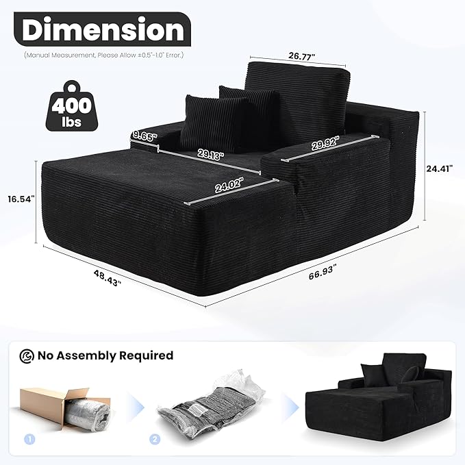 ovios 67'' Chaise Lounge Chair Indoor Oversized Upholstered Sofa Bed Sleeper Couch Reading Chairs Fluffy Plush Corduroy Cloud Sofas Couches for Living Room Black