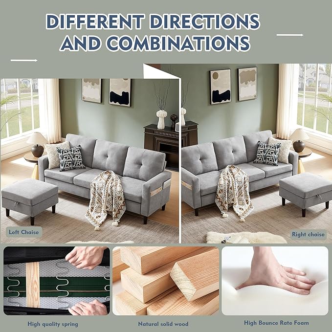 79 Convertible Sectional Sofa Small L Shaped 3 Seat Couch with Storage Chaise and Side Pocket Modern Linen Fabric Reversible Sofa Couches for Living Room Apartment and Small Space