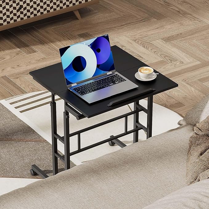 Small Standing Desk Adjustable Height and Angle Computer Laptop Desk Home Office Sit Standup Desk Portable Rolling Desk with Wheels 2 Platforms Black