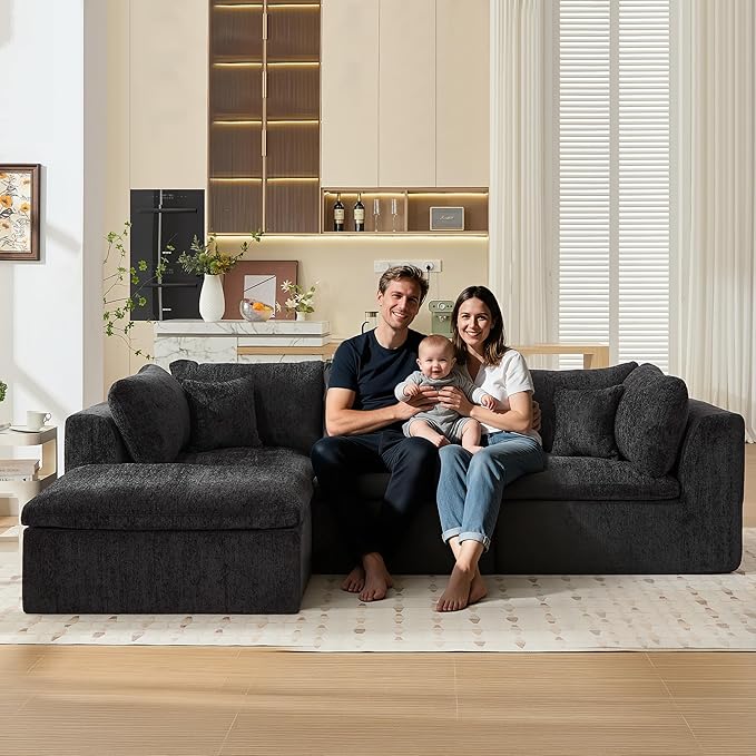 STHOUYN 114” Modern Black Boneless Sectional Couches for Living Room Black Modular L Shape Cloud Sofa Couch with Ottoman Comfy Big Oversized Corner Couch in a Box(Black 3 Seater + 1 Ottoman)