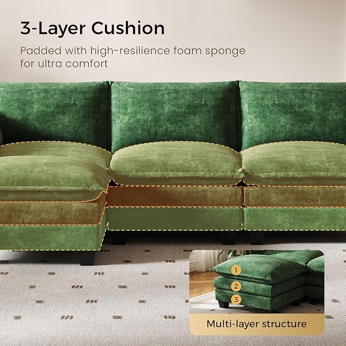 KKL 91.3 Modular Sectional Sofa L-Shaped 4 Seater Cloud Couch with Ottoman Chenille Modern Sectional Couches for Living Room Apartment Green