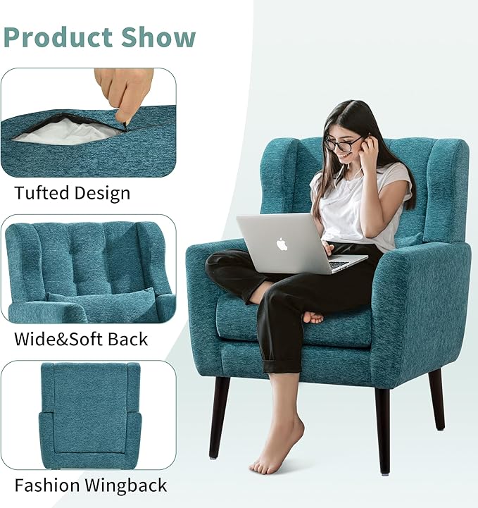 Modern Accent Chair Upholstered Arm Chair with Waist Pillow Single Sofa Chair for Living Room Bedroom Small Spaces (Teal)