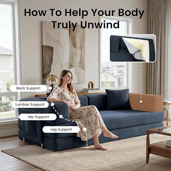 Belhome 78.8 Convertible Sofa Bed Futon Sofa Bed with Side Pocket Corduroy Pull Out Futon Sofa Boneless Couch for Living RoomsNo Assembly Required Navy