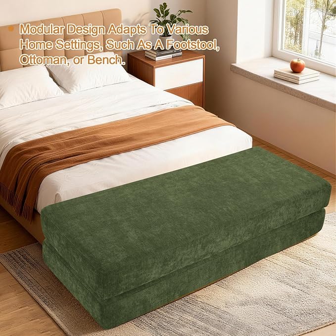 2-in-1 Daybed Sofa Chair Bed with Lumbar Pillow Queen Size Sofa Bed Chaise Lounge Chair Queen Sleeper Chairs Comfy Floor Couch for Living Room Bedroom Office Study (Chenille Green)