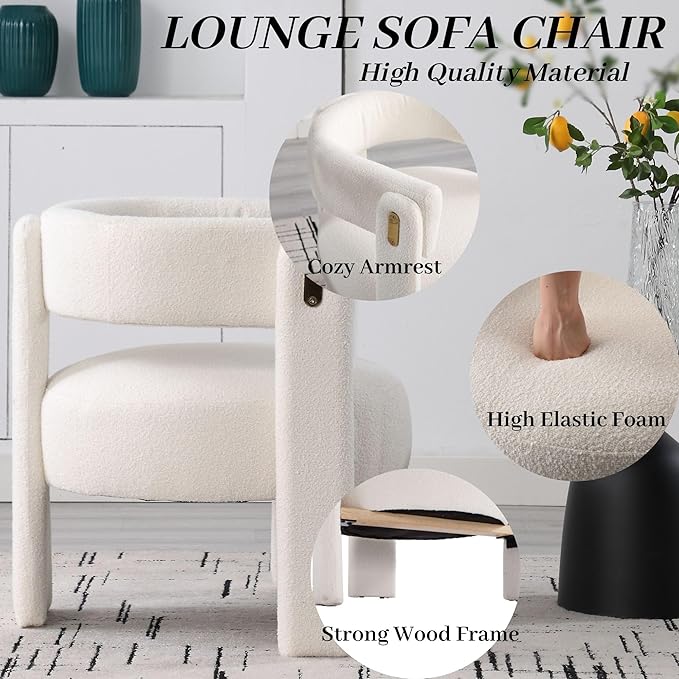 Wahson Modern Barrel Accent Chairs Set of 2 | Boucle Upholstered Armchair Single Sofa Chair Side Chair Reading Chair Living Room Chair | Three Legs White Sherpa