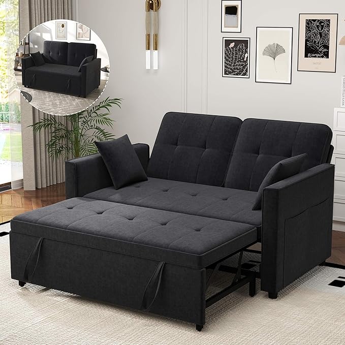 Black Convertible Sofa Bed: 3 in 1 Sleeper Sofa Couch Bed Pull Out Couch with Adjustable Backrest Velvet Convertible Loveseat Sleeper for Living Room
