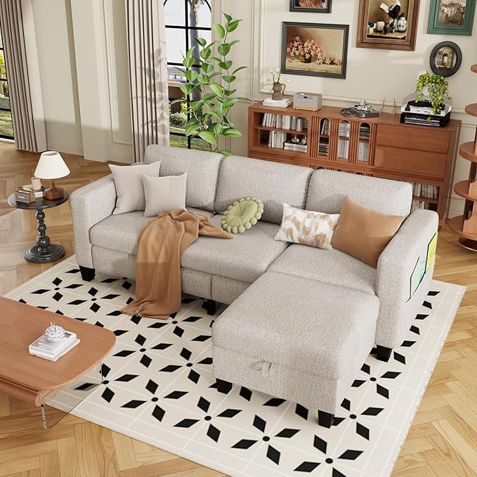 ZeeFu Sectional and Sofa Couches for Living Room - 78'' 3 Seater L-Shaped Modular Couch with Storage Ottoman - Modern Velevt Fabric Upholstered Sofa Set for Small Space Apartment Office (Mocha Brown)
