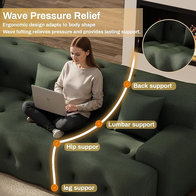 114 Oversized Boneless Sectionals Couch for Living Room Modern Boucle Curved Cloud Couch with 3 PillowsComfy Cloud Sofa Couches Without AssemblyPet-Friendly Comfy Deep Seat Sofa Green