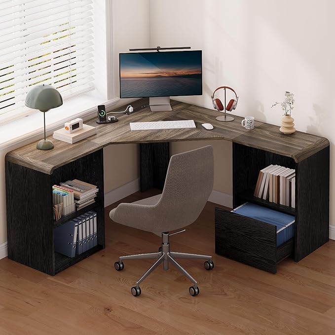 60 L Shaped Desk with File Drawer Modern Corner Computer Desk with Storage L Shape Home Office Desk Executive Desk with Power Outlets Storage Shelves File Cabinet for Working Writing Black