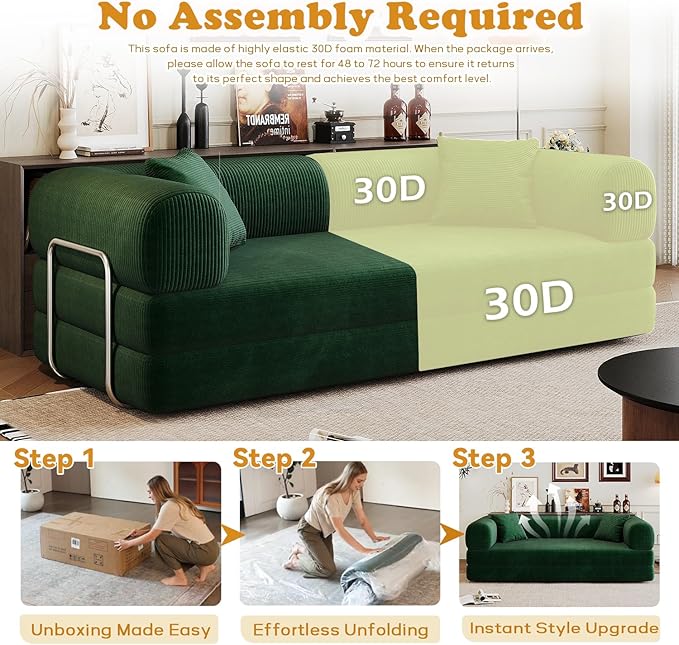 78.8 Modern Convertible Floor Sleeper Sofa Bed Corduroy Modular Boneless Couch with Silver Fixed-Shape Frame No Assembly Futon Cloud Loveseat with Pull-Out Bed for Living Room (Green)