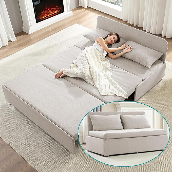 BALUS 43 W Queen Size Sleeper Couch Bed Pull Out Sofa with Pullout Beds 2 in 1 Convertible Linen Single Sleepers Sofas Chair with Foldable Mattress and Pillows for Small Space Apartment Beige