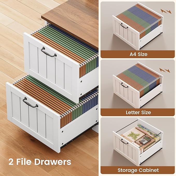 SEDETA Farmhouse L Shaped Desk with Drawers 63 Office Desk with File Drawers Wood Corner Computer Desk with Storage Home Office Desk with Monitor Stand and Storage Cabinet Brown and White