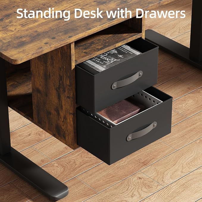 63x24 Inches Standing Desk with Drawers Electric Computer Desk with Open Storage Shelf Stand Up Desk Adjustable Height 28-46 Inches for Home and Computer Workstation Rustic Brown