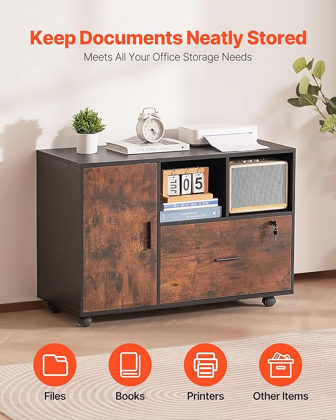 VEVOR Wood File Cabinet Mobile Filing Cabinet with Open Shelves Lockable Lateral Rolling File Storage with Adjustable Shelves Free Standing Printer Stand for Home Office School Rustic Brown