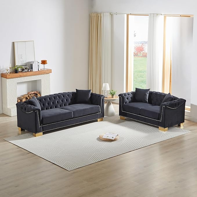 KEIKI Chesterfield Sofa Retro Style Upholstered 3+2 Seat Couch with Rolled Arm for Living Room Bedroom Office Black