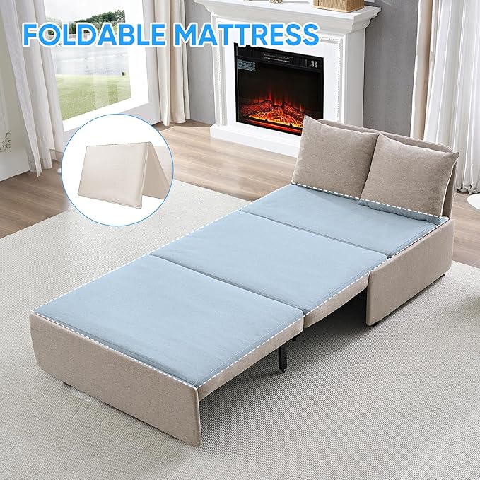 PUREMIND Twin Sofa Bed Twin Size Pull Out Sofa Beds with 2 Pillows&amp Tri-fold Mattress Linen Chair Bed Pull Out Couch Beds for Small Place Apartment Beige