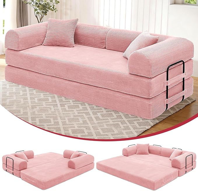 Convertible Sleeper Sofa Bed 1600lbs Weight Capacity Floor Sofa Bed with Fixed-Shape Frame Corduroy Foldable Couch for Small Space Lounge Mattress for Living Room Apartment Game Room (Pink)