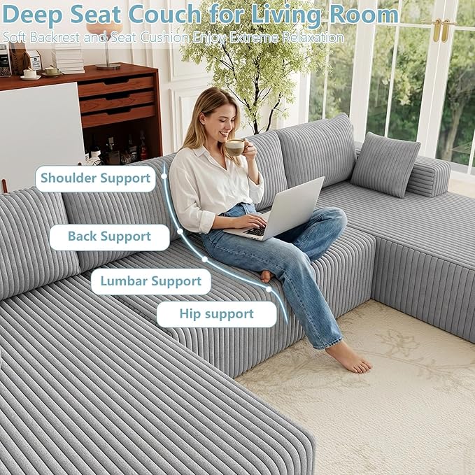 124 Cloud Sectional CouchModern U-Shaped Boneless Couch with Deep SeatComfy Corduroy 4-Seater SofaMemory Foam Sofa for Living RoomNo Assembly Required (Light Grey)